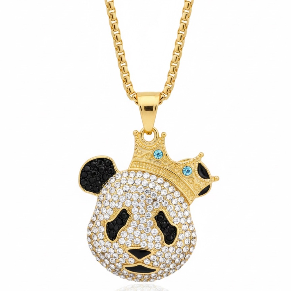 Crowned Panda Pendant Necklace (Gold-Plated Stainless Steel, 24” Chain Included)